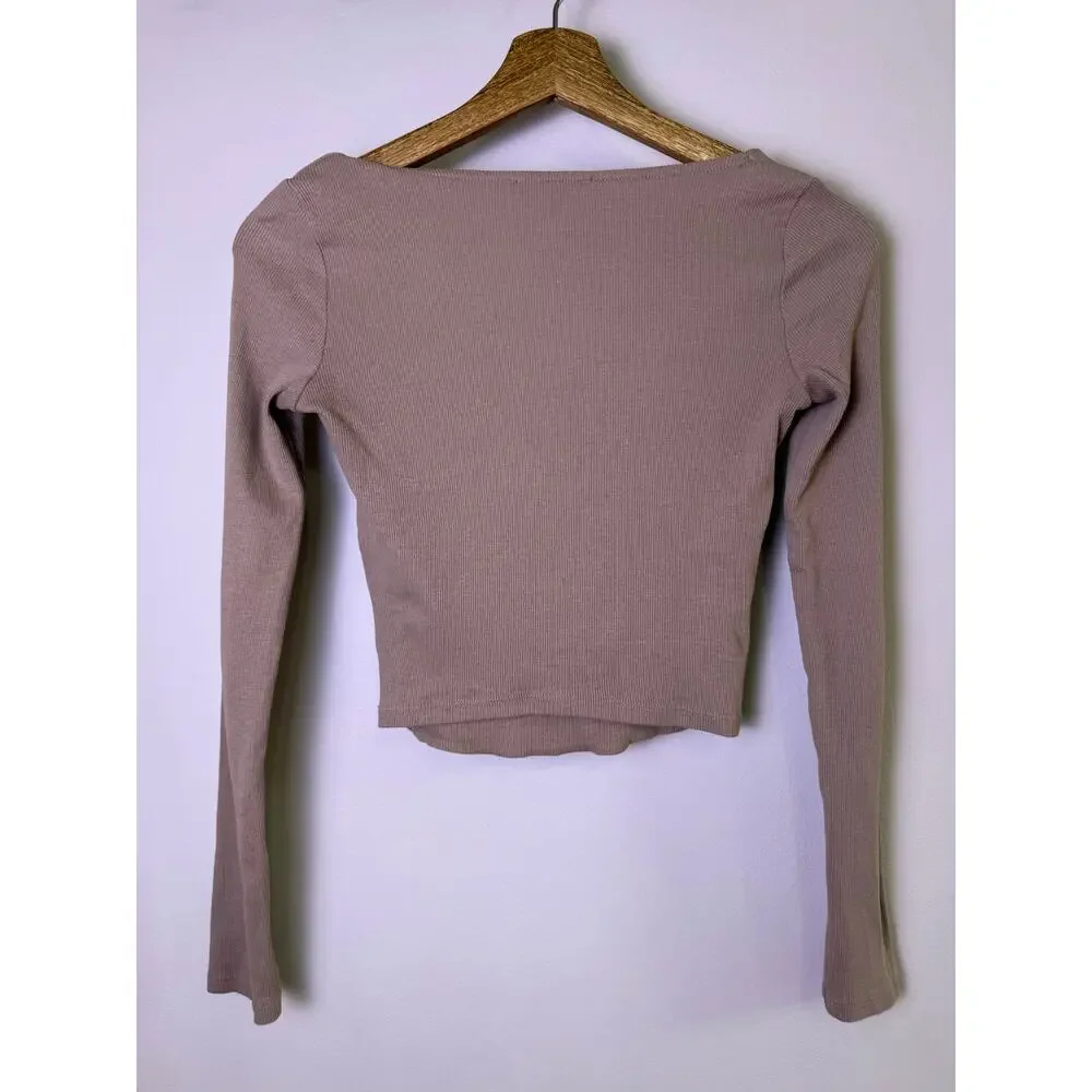 Zara Ribbed Square Neck Long Sleeve Crop Top Taupe Beige Size Small